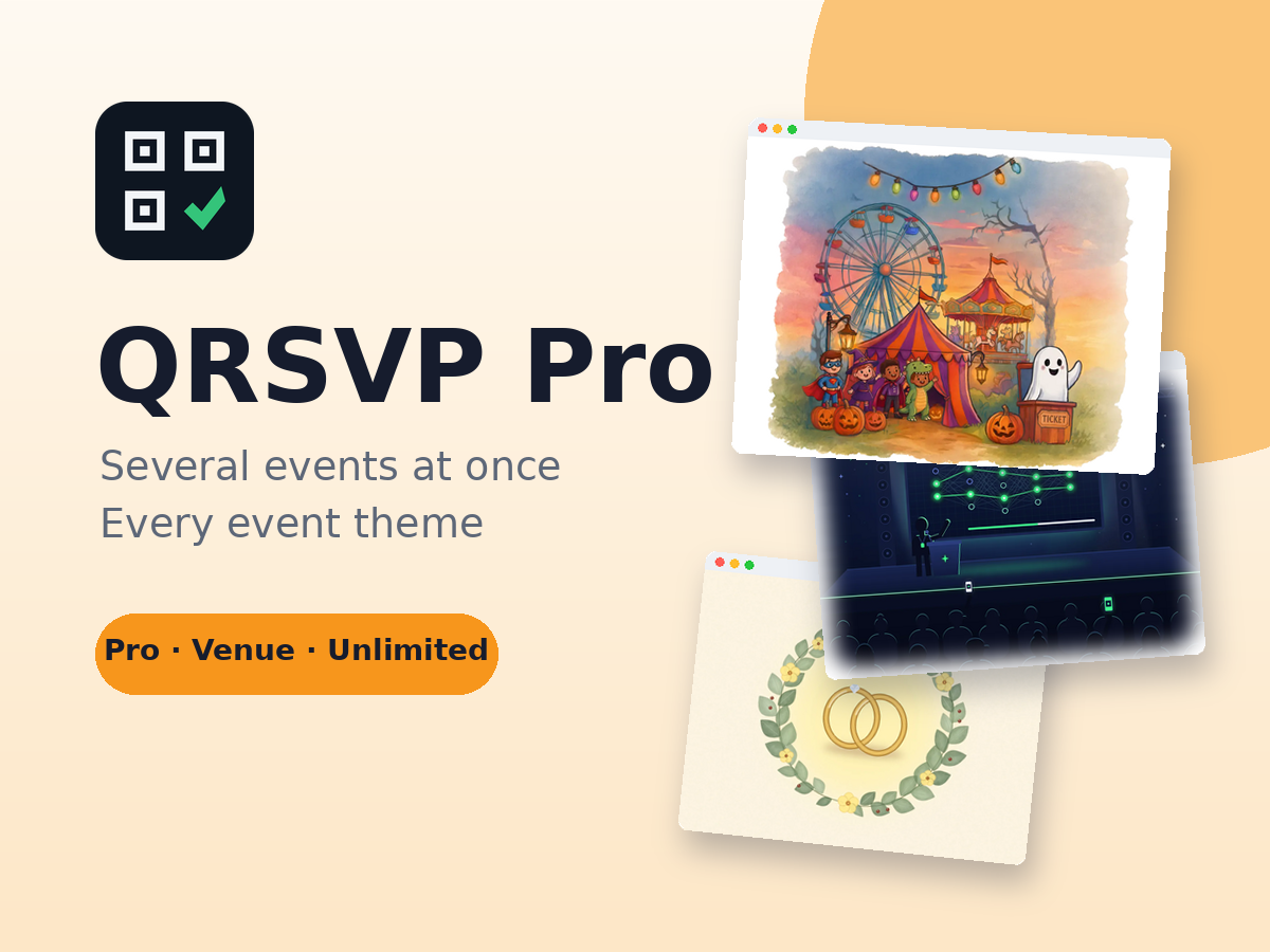 QRSVP Pro: several events at once and every event theme, in three plans — Pro, Venue and Unlimited — beside three event pages in browser windows: a Halloween carnival, a tech conference and a garden wedding.